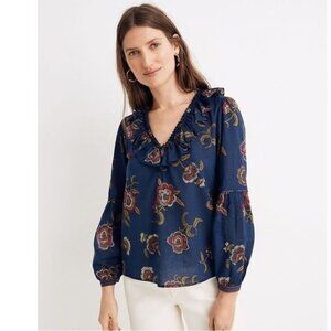 Madewell x Warm Collaboration Blouse Ruffle Honolulu Hibiscus Size XXS Blue
